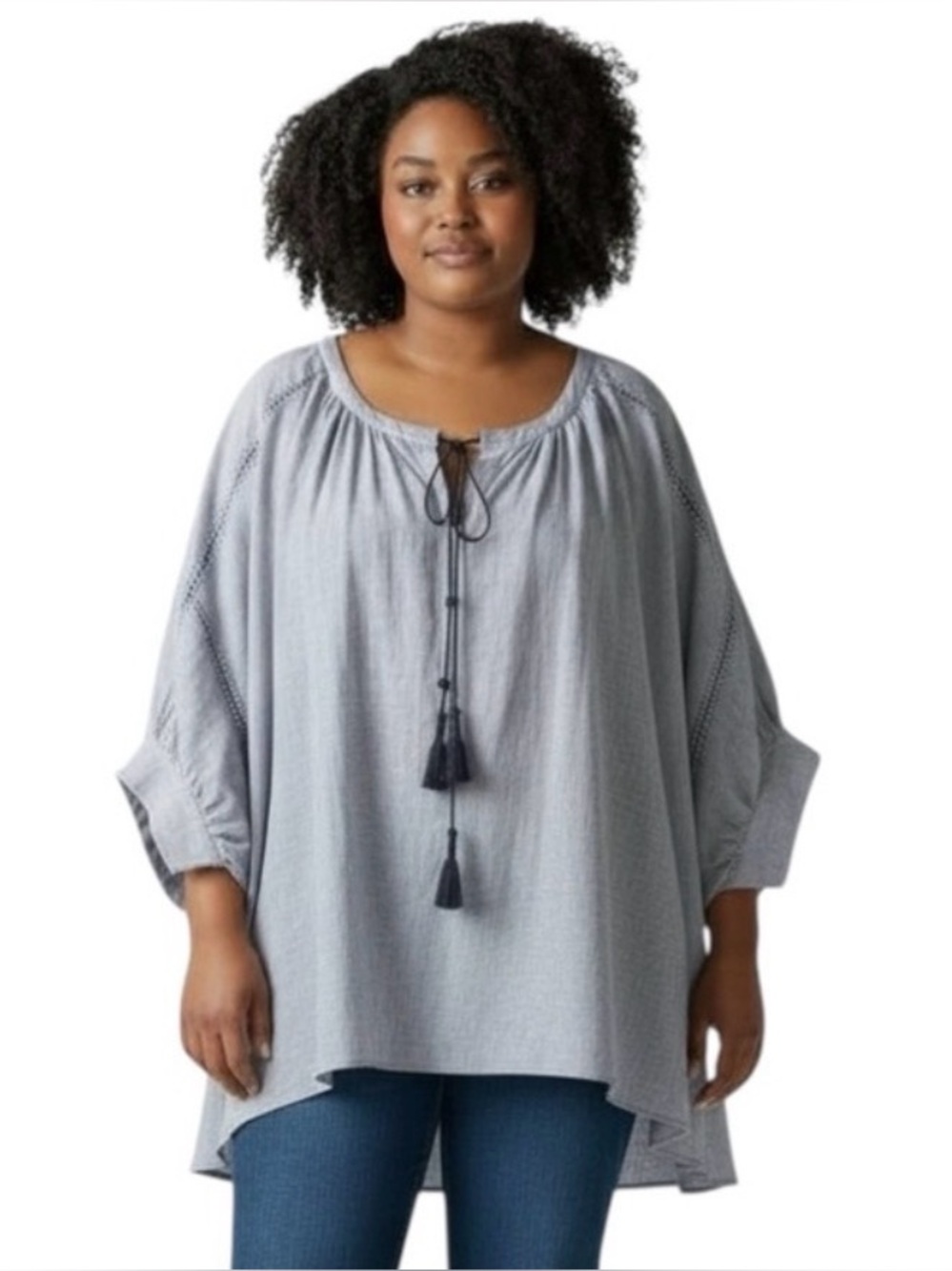 Lane Bryant Blue & White Cotton Pinstriped Wide Cut Blouse Tassels size 18/20